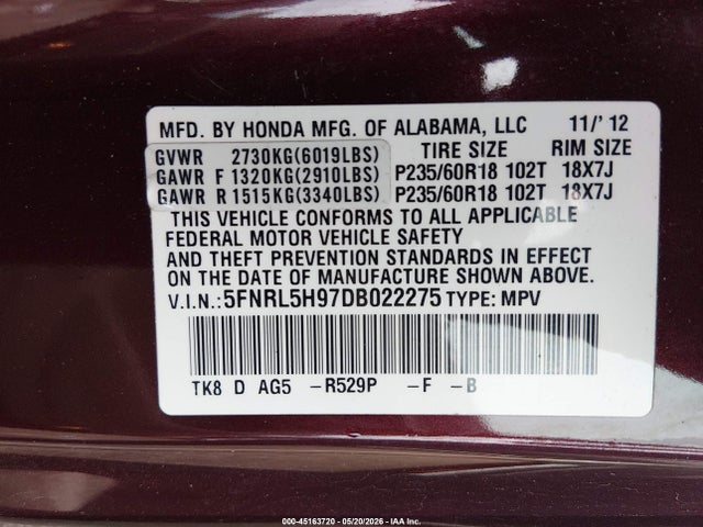 45163720 :رقم المزاد ، 5FNRL5H97DB022275 vin ، 2013 Honda Odyssey Touring/touring Elite مزاد بيع