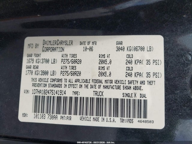 2007 Dodge Ram 1500 Slt მანქანა იყიდება აუქციონზე, vin: 1D7HA18247S141914, აუქციონის ნომერი: 45163726