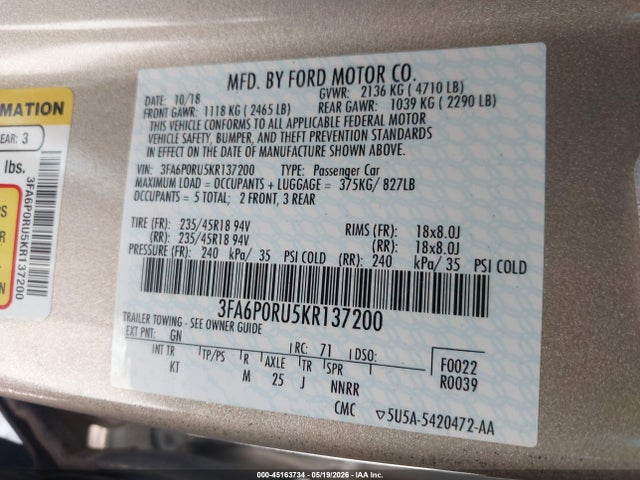 Ford Fusion Hybrid Titanium 2019 3FA6P0RU5KR137200 Image 9