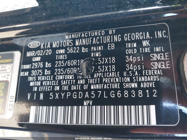 5XYPGDA57LG683812 KIA Sorento 3.3l Lx