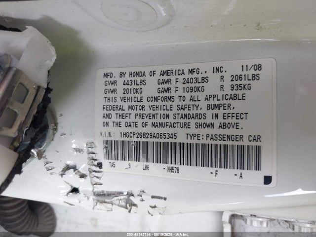 Aukcja sprzedaży 2009 Honda Accord 2.4 Ex-l, vin: 1HGCP26829A065345, numer aukcji: 45163738