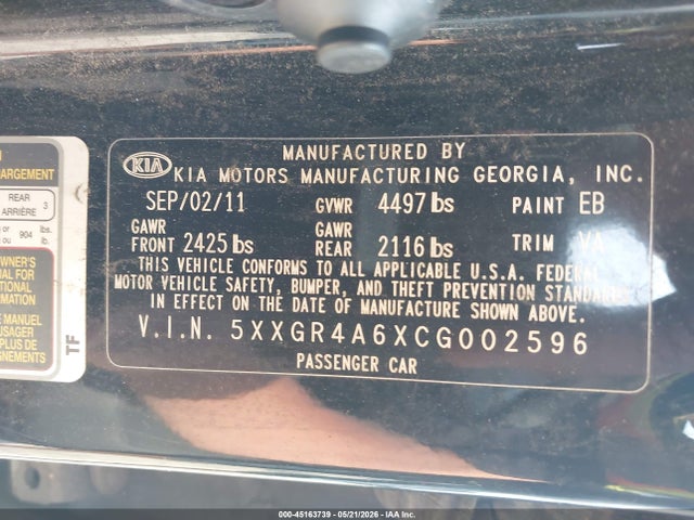 Aukcja sprzedaży 2012 Kia Optima Sx, vin: 5XXGR4A6XCG002596, numer aukcji: 45163739