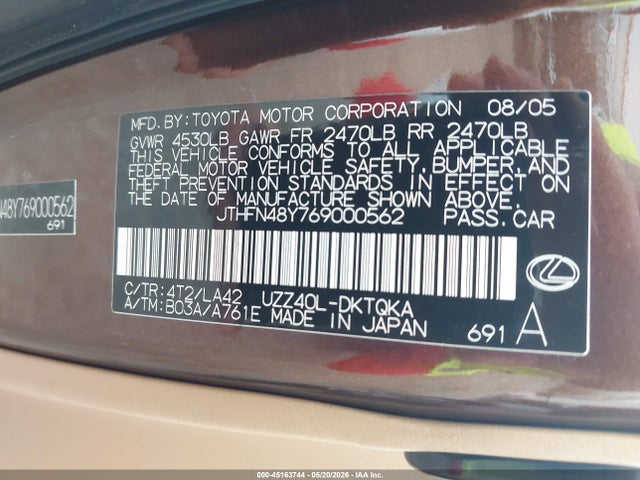 Продажа на аукционе авто 2006 Lexus Sc 430, vin: JTHFN48Y769000562, номер лота: 45163744