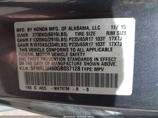 Продажа на аукционе авто 2016 Honda Odyssey Ex-l, vin: 5FNRL5H60GB037128, номер лота: 45163749