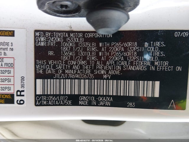 Продажа на аукционе авто 2009 Toyota 4runner Limited V6, vin: JTEZU17R69K026735, номер лота: 45163751
