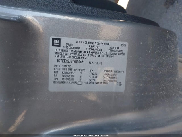 Aukcja sprzedaży 2007 Gmc Sierra 1500 Sle1, vin: 1GTEK19J67Z590471, numer aukcji: 45163756