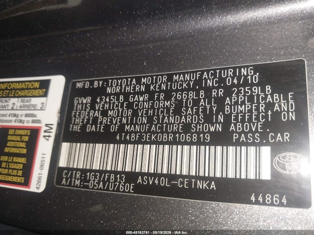 2011 Toyota Camry Le მანქანა იყიდება აუქციონზე, vin: 4T4BF3EK0BR106819, აუქციონის ნომერი: 45163761