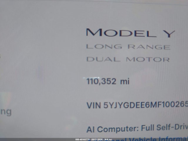 45163779 :رقم المزاد ، 5YJYGDEE6MF100265 vin ، 2021 Tesla Model Y Long Range Dual Motor All-wheel Drive مزاد بيع