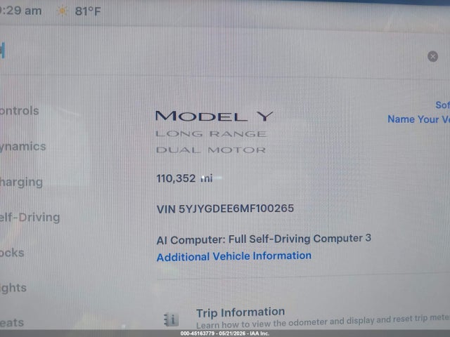 45163779 :رقم المزاد ، 5YJYGDEE6MF100265 vin ، 2021 Tesla Model Y Long Range Dual Motor All-wheel Drive مزاد بيع
