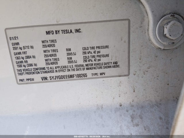 45163779 :رقم المزاد ، 5YJYGDEE6MF100265 vin ، 2021 Tesla Model Y Long Range Dual Motor All-wheel Drive مزاد بيع