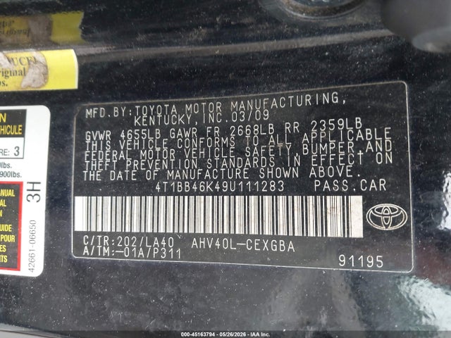 2009 Toyota Camry Hybrid მანქანა იყიდება აუქციონზე, vin: 4T1BB46K49U111283, აუქციონის ნომერი: 45163794