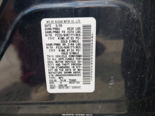Aukcja sprzedaży 2008 Nissan Rogue Sl, vin: JN8AS58V48W404282, numer aukcji: 45163795