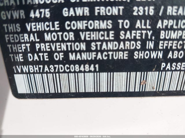Aukcja sprzedaży 2013 Volkswagen Passat 2.5l Se, vin: 1VWBH7A37DC084841, numer aukcji: 45163809