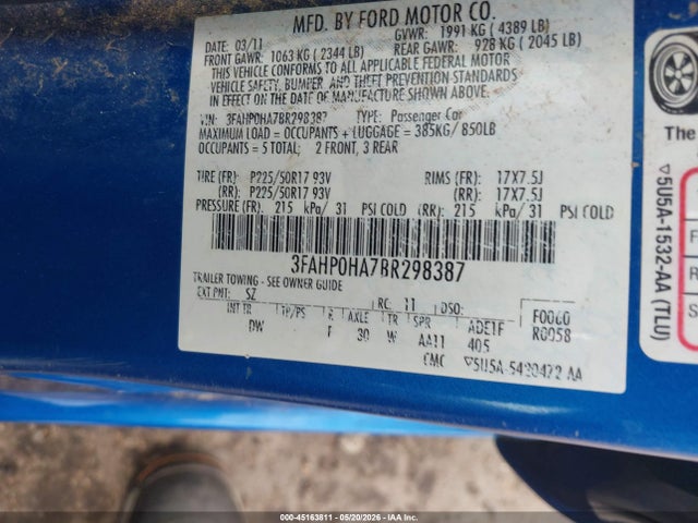 2011 Ford Fusion Se მანქანა იყიდება აუქციონზე, vin: 3FAHP0HA7BR298387, აუქციონის ნომერი: 45163811