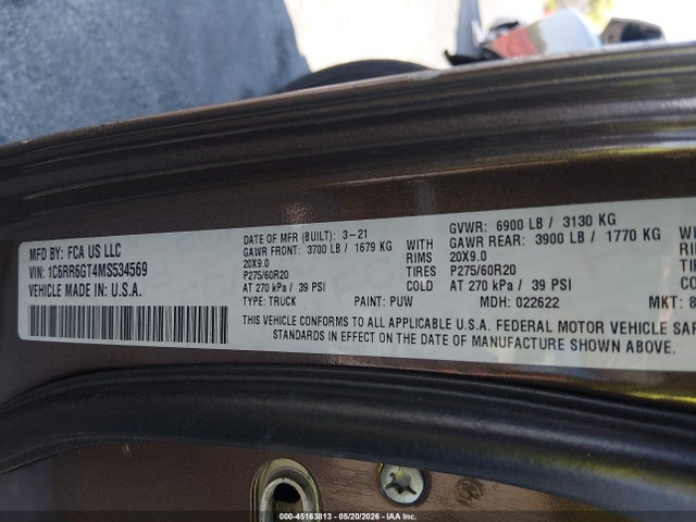 1C6RR6GT4MS534569 RAM 1500 Classic Warlock 4x2 6&#039;4 Box