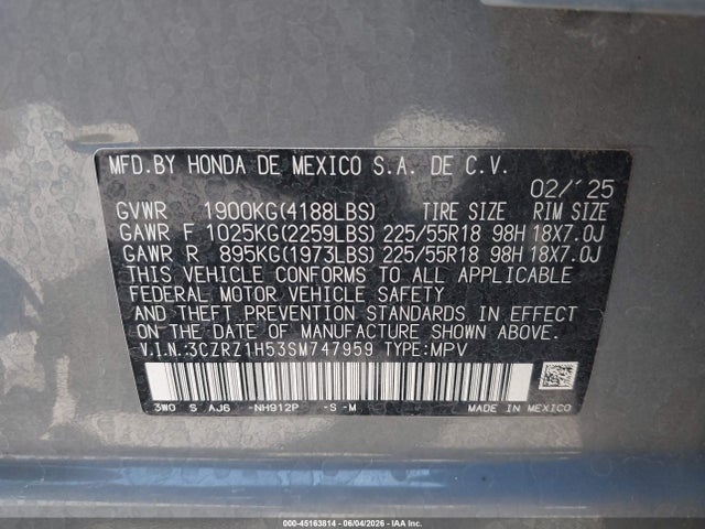 3CZRZ1H53SM747959 Honda Hr-v 2wd Sport