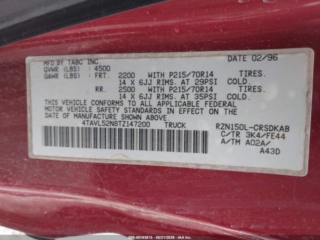 1996 Toyota Tacoma Xtracab მანქანა იყიდება აუქციონზე, vin: 4TAVL52N8TZ147200, აუქციონის ნომერი: 45163815