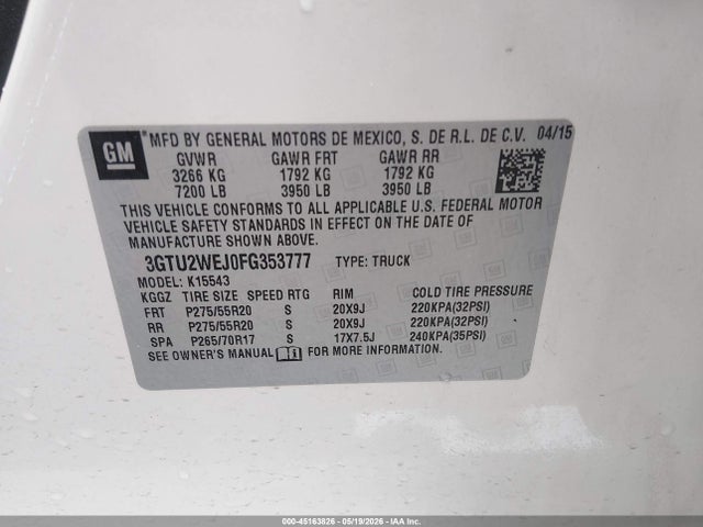 45163826 :رقم المزاد ، 3GTU2WEJ0FG353777 vin ، 2015 Gmc Sierra 1500 Denali مزاد بيع