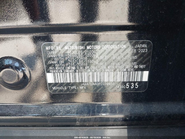Продажа на аукционе авто 2023 Mitsubishi Eclipse Cross Es S-awc, vin: JA4ATUAA0PZ039455, номер лота: 45163829
