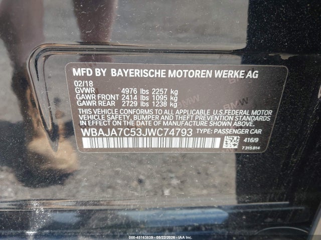 45163839 :رقم المزاد ، WBAJA7C53JWC74793 vin ، 2018 Bmw 530i Xdrive مزاد بيع