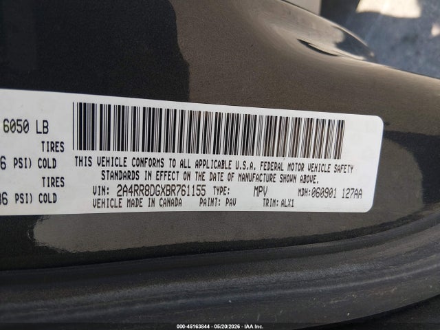 2011 Chrysler Town & Country Touring-l მანქანა იყიდება აუქციონზე, vin: 2A4RR8DGXBR761155, აუქციონის ნომერი: 45163844