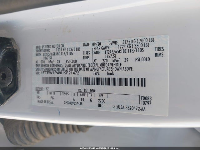 Продажа на аукционе авто 2020 Ford F-150 Police Responder Xl, vin: 1FTEW1P49LKF21472, номер лота: 45163846