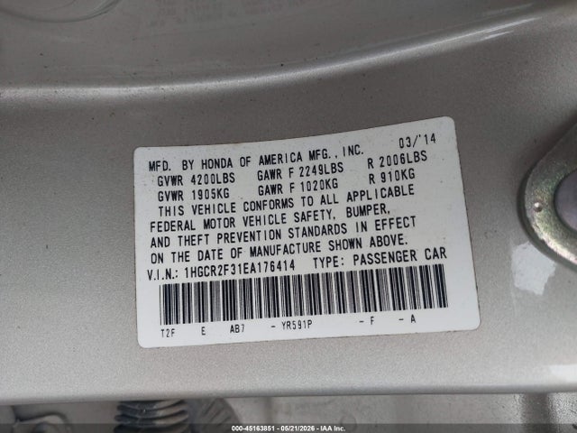 Auction sale of the 2014 Honda Accord Lx, vin: 1HGCR2F31EA176414, lot number: 45163851