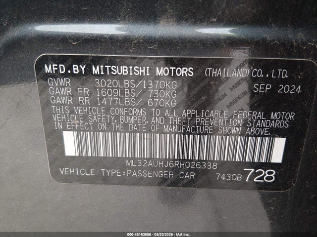 Aukcja sprzedaży 2024 Mitsubishi Mirage Es/le, vin: ML32AUHJ6RH026338, numer aukcji: 45163856