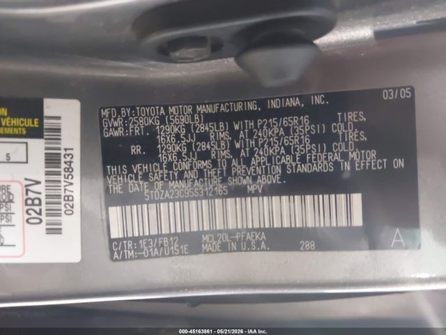45163861 :رقم المزاد ، 5TDZA23C95S312165 vin ، 2005 Toyota Sienna Le مزاد بيع