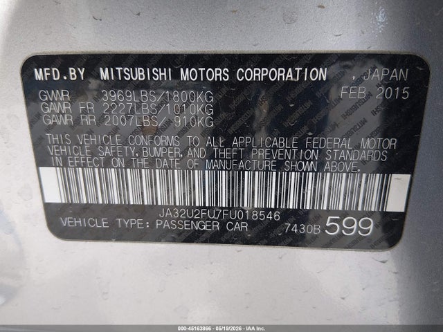 Aukcja sprzedaży 2015 Mitsubishi Lancer Es, vin: JA32U2FU7FU018546, numer aukcji: 45163866