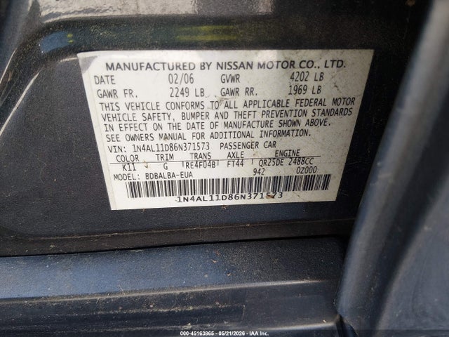Aukcja sprzedaży 2006 Nissan Altima 2.5 S, vin: 1N4AL11D86N371573, numer aukcji: 45163865