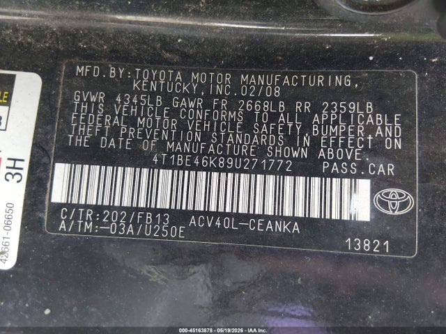 Продажа на аукционе авто 2009 Toyota Camry Le, vin: 4T1BE46K89U271772, номер лота: 45163878