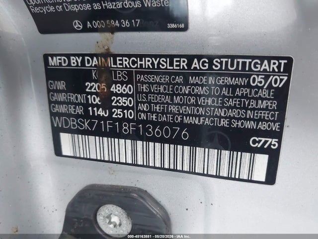 Продажа на аукционе авто 2008 Mercedes-benz Sl 550, vin: WDBSK71F18F136076, номер лота: 45163881