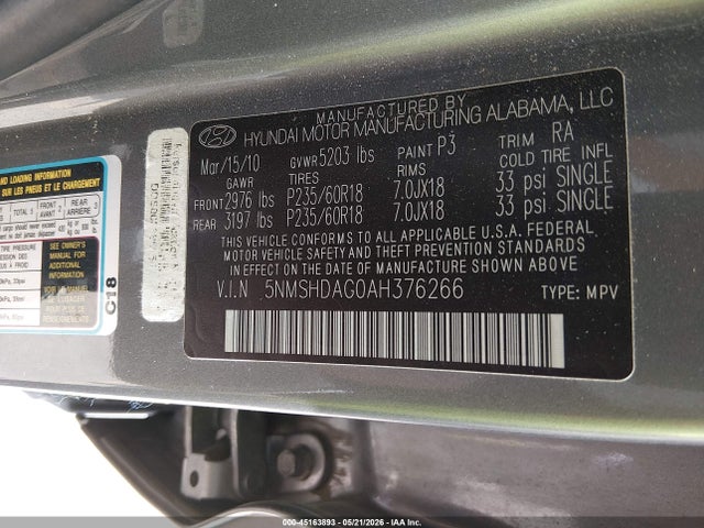 Продажа на аукционе авто 2010 Hyundai Santa Fe Se, vin: 5NMSHDAG0AH376266, номер лота: 45163893
