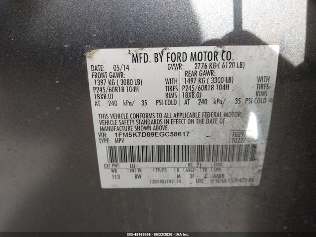 Ford EXPLORER XLT 2014 1FM5K7D89EGC58617 Image 9