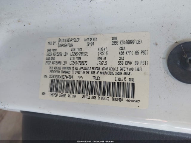 45163907 :رقم المزاد ، 3D7KS28D45G744084 vin ، 2005 Dodge Ram 2500 St مزاد بيع