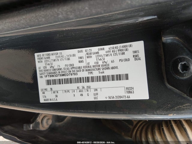 2021 Ford F-350 Lariat მანქანა იყიდება აუქციონზე, vin: 1FT8W3DT8MED79703, აუქციონის ნომერი: 45163912