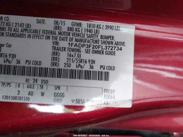 2015 Ford Focus Se მანქანა იყიდება აუქციონზე, vin: 1FADP3F20FL372734, აუქციონის ნომერი: 45163927