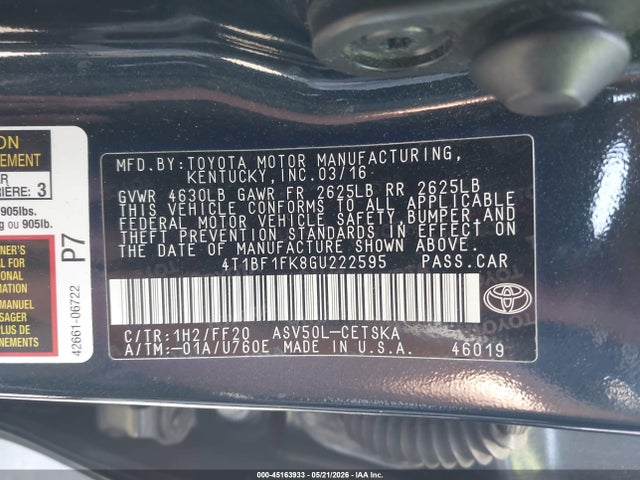 Toyota CAMRY SE 2016 4T1BF1FK8GU222595 Image 9