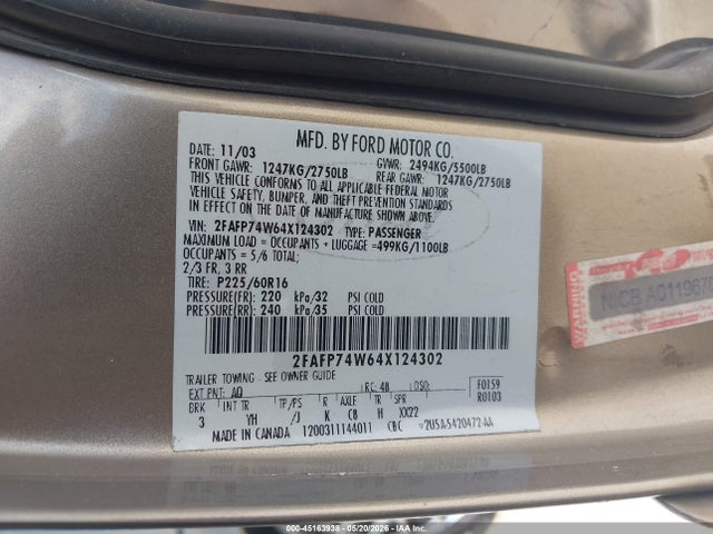 2004 Ford Crown Victoria Lx მანქანა იყიდება აუქციონზე, vin: 2FAFP74W64X124302, აუქციონის ნომერი: 45163938