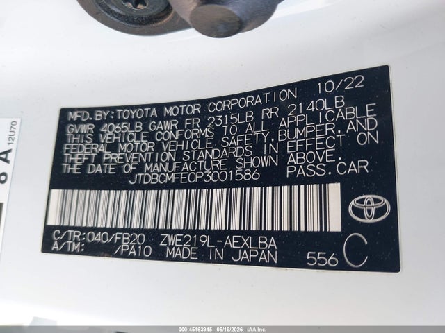 JTDBCMFE0P3001586 Toyota Corolla Hybrid Le