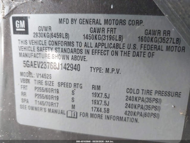 45163946 :رقم المزاد ، 5GAEV23768J142940 vin ، 2008 Buick Enclave Cxl مزاد بيع