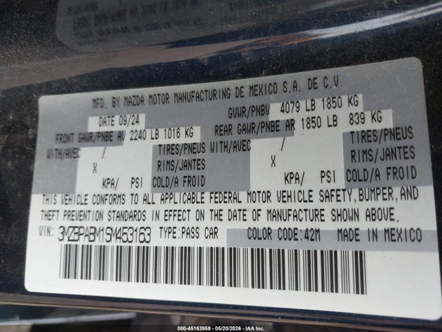 45163959 :رقم المزاد ، 3MZBPABM1SM453163 vin ، 2025 Mazda Mazda3 2.5 S Select Sport مزاد بيع