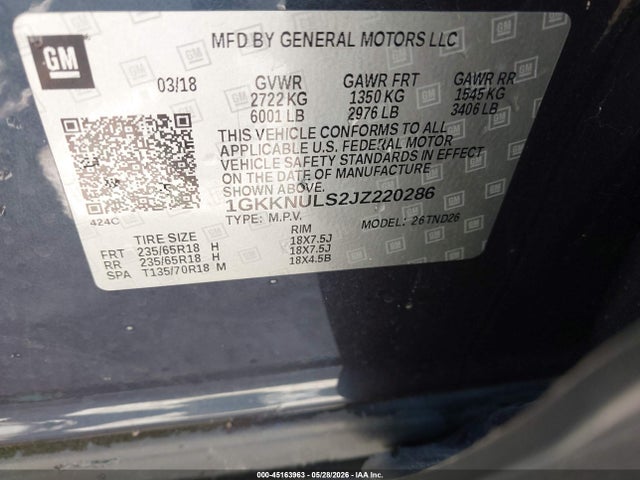 Aukcja sprzedaży 2018 Gmc Acadia Slt-1, vin: 1GKKNULS2JZ220286, numer aukcji: 45163963