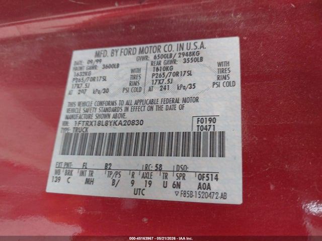 Продаж на аукціоні авто 2000 Ford F-150 Lariat/work Series/xl/xlt, vin: 1FTRX18L8YKA20830, номер лоту: 45163967