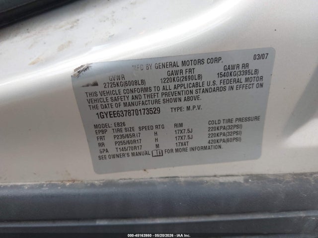 Aukcja sprzedaży 2007 Cadillac Srx V6, vin: 1GYEE637870173529, numer aukcji: 45163980