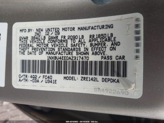 Aukcja sprzedaży 2010 Toyota Corolla Le, vin: 1NXBU4EE0AZ317470, numer aukcji: 45163983