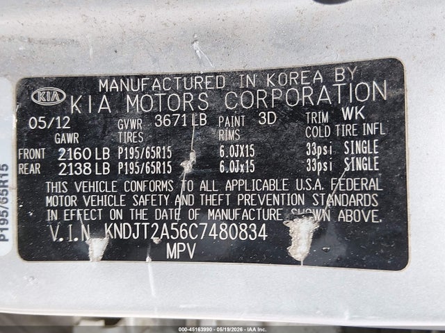 2012 Kia Soul მანქანა იყიდება აუქციონზე, vin: KNDJT2A56C7480834, აუქციონის ნომერი: 45163990