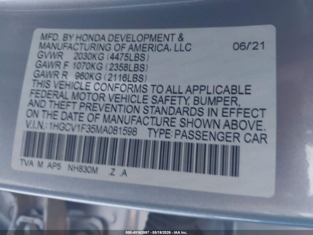 2021 Honda Accord Sport მანქანა იყიდება აუქციონზე, vin: 1HGCV1F35MA081598, აუქციონის ნომერი: 45163997
