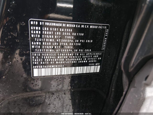 2019 Volkswagen Tiguan 2.0t Se/2.0t Sel/2.0t Sel R-line/2.0t Sel R-line Black მანქანა იყიდება აუქციონზე, vin: 3VV3B7AX9KM201537, აუქციონის ნომერი: 45164002